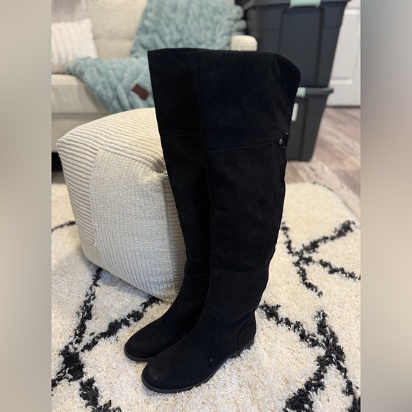 Sun + Stone Black Over The Knee Boots Size 8 Tall Faux Suede Flat Riding Boots - Picture 1 of 10